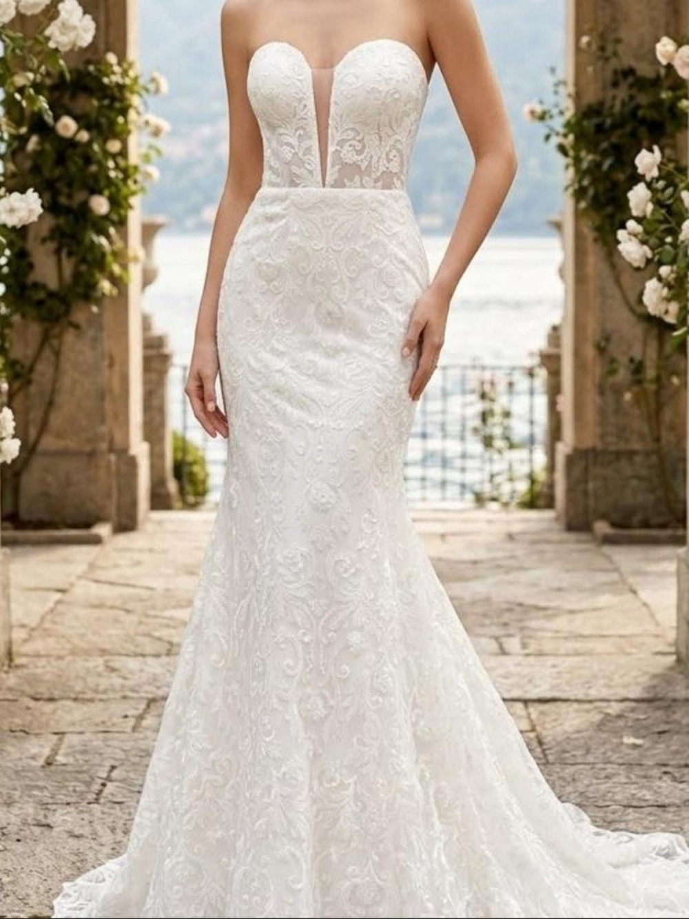 Strapless Lace Mermaid Wedding Dress in White